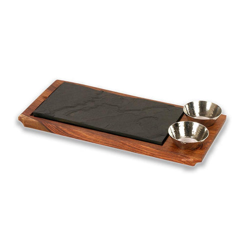 Wood Platter w/Stone Slates & 2Dips SZ164